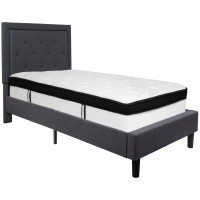 Flash Furniture SL-BMF-29-GG Roxbury Twin Size Tufted Upholstered Platform Bed in Dark Gray Fabric with Memory Foam Mattress